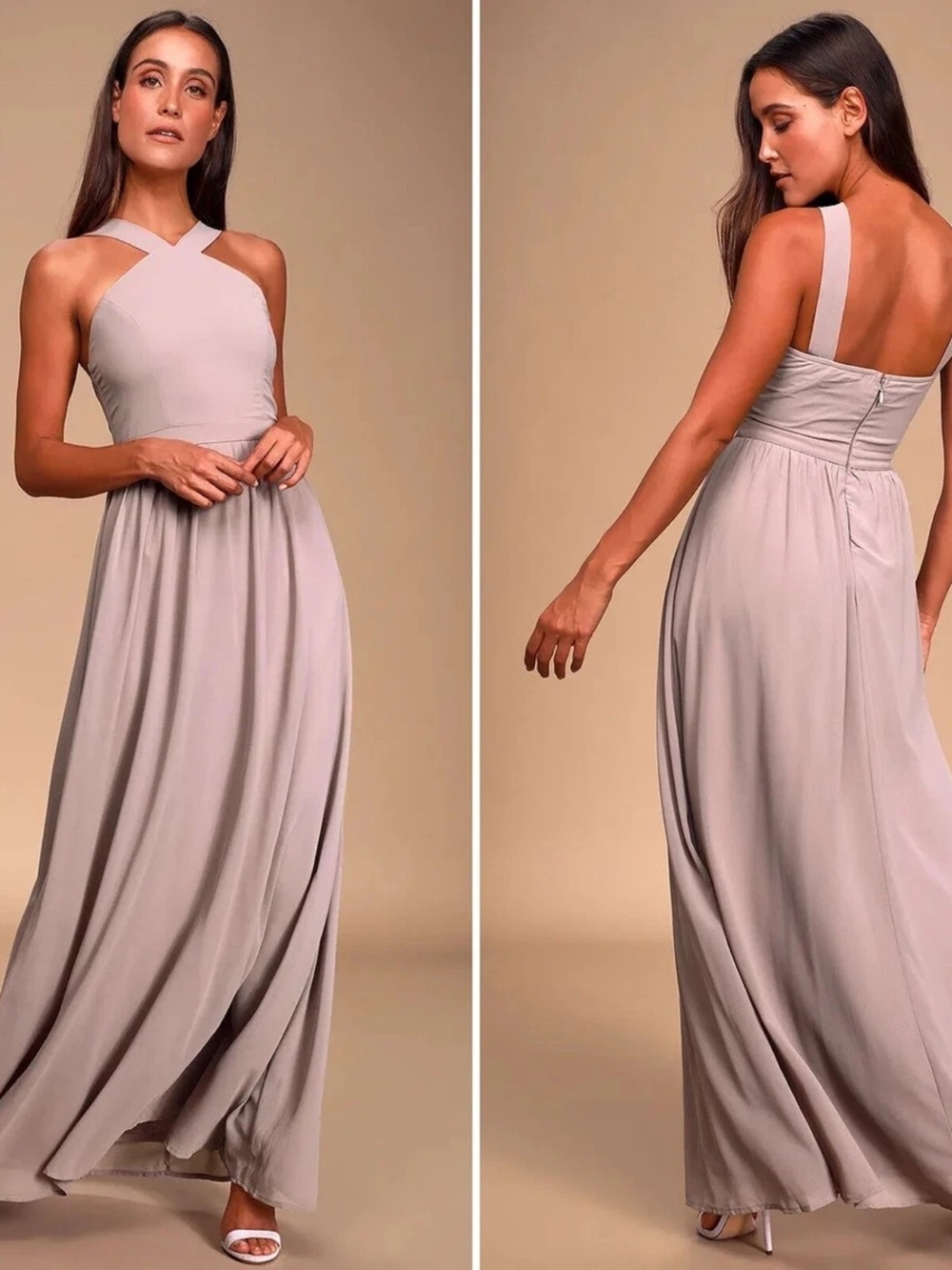 Lulu's Air Of Romance Blush Taupe Cross-Back Halter Maxi Dress